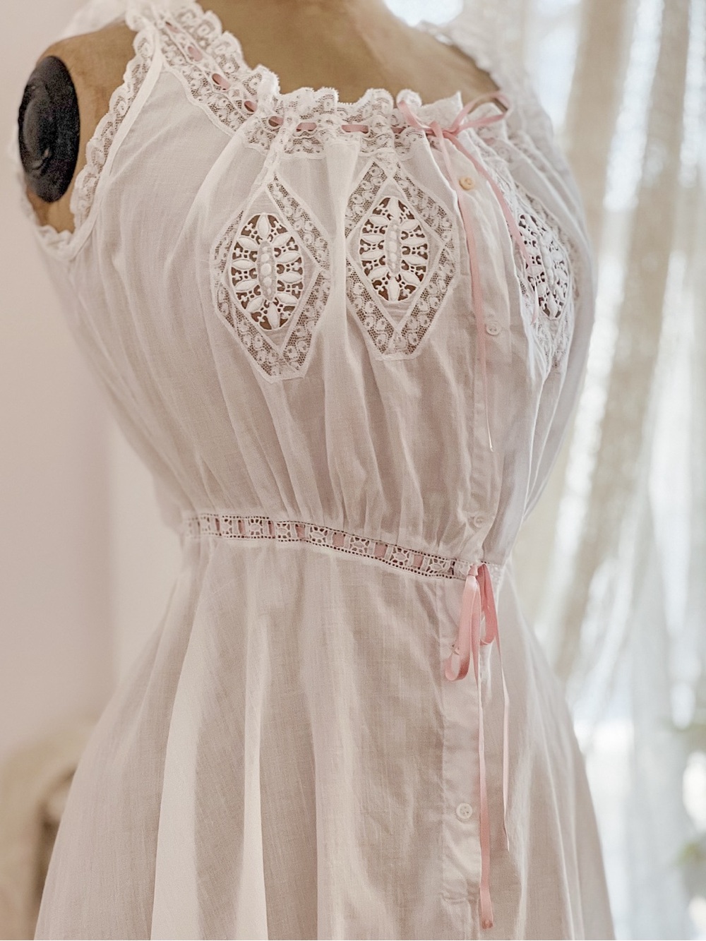 Edwardian White Lace Underdress with Pink Silk Ribbon Size XS - Picture 4 of 15